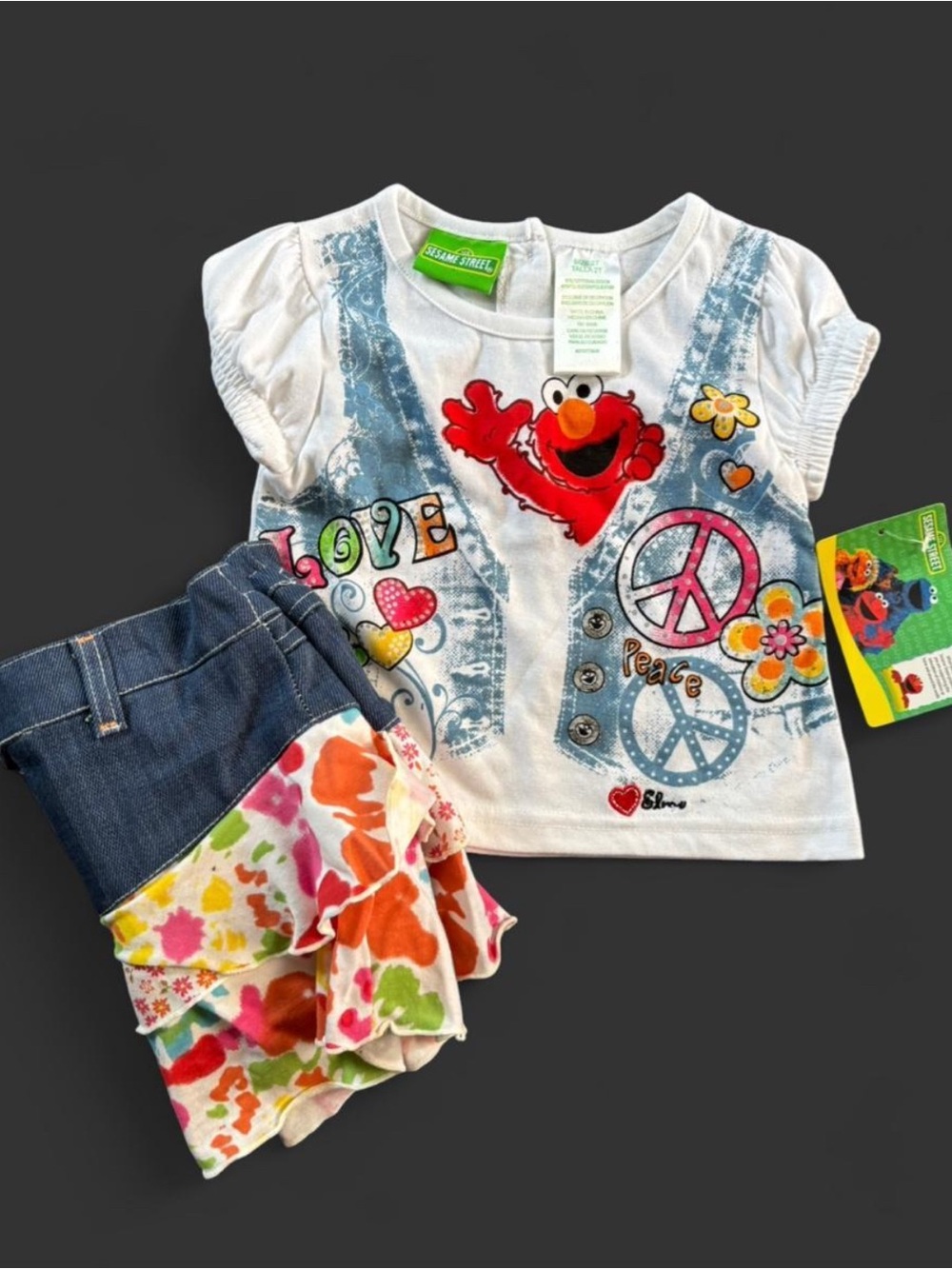 Sesame Street White Tee with Red Elmo & Multicolor Floral Denim Skirt NWT 2T
